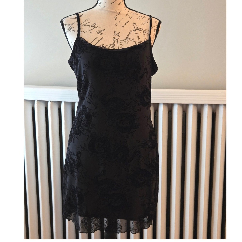 Y2K 90s Black Mesh Dragon Print Mini Dress, Velvet Burnout Flocked Goth, Sz M